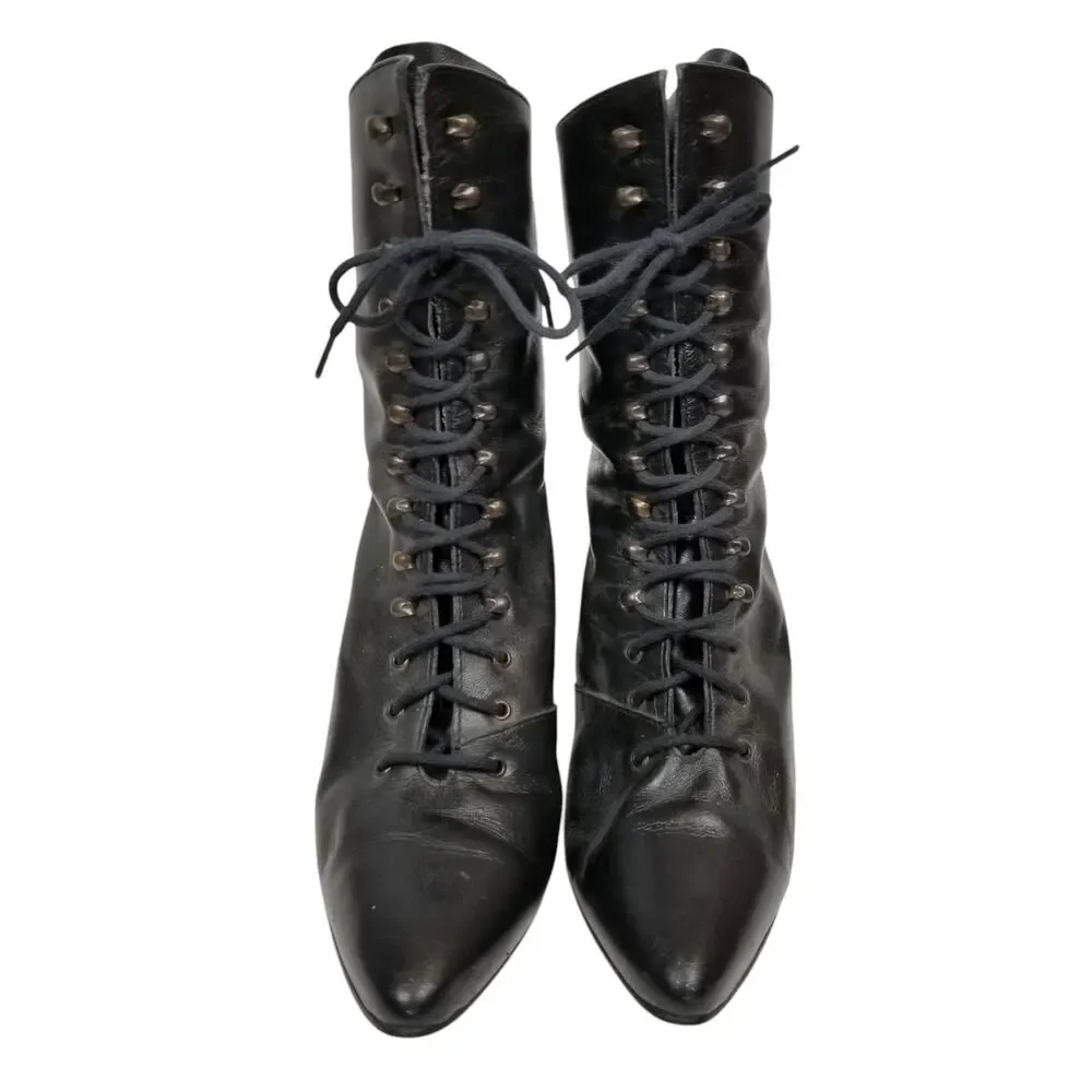 Poppies Black Leather Victorian Lace-up Boots Size 7.5 - Picture 2 of 12